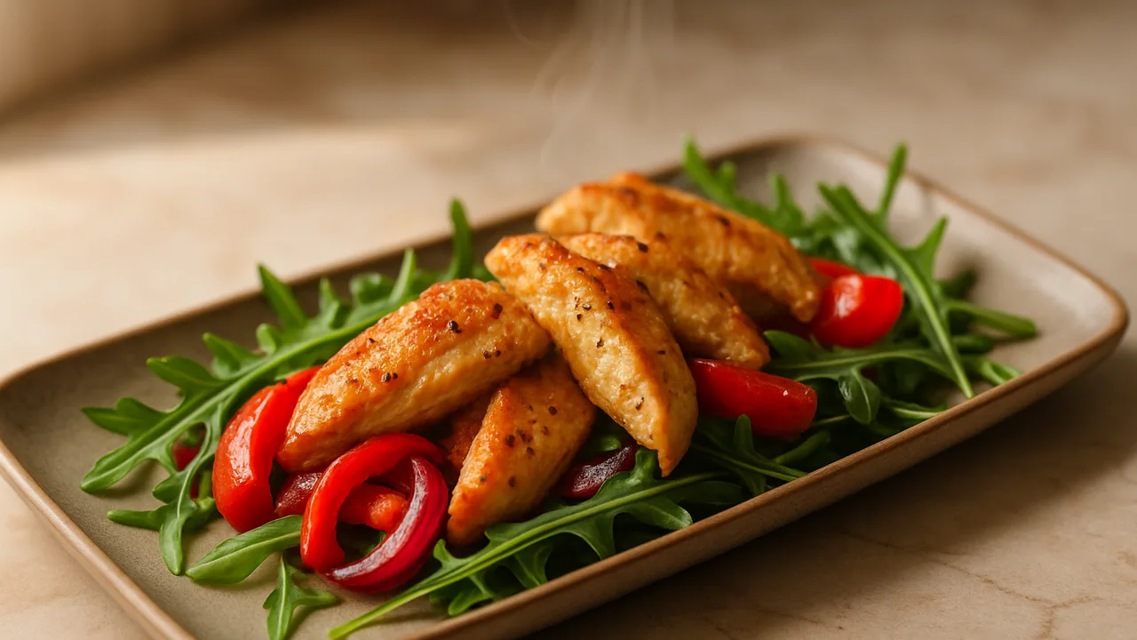 Paprika-Putenbrust-Rucola-Schale aus dem Airfryer mit Putenbrust und Paprika, auf beigem Marmor angerichtet.
