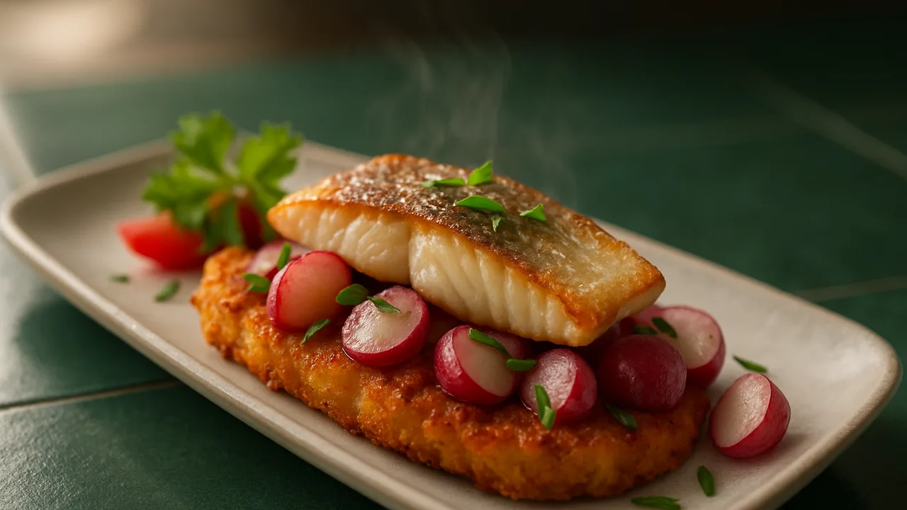 Paprika-Radieschen-Zander-Röstchen aus dem Airfryer mit Zanderfilet und Paprika, auf dunkelgrünen Fliesen angerichtet.