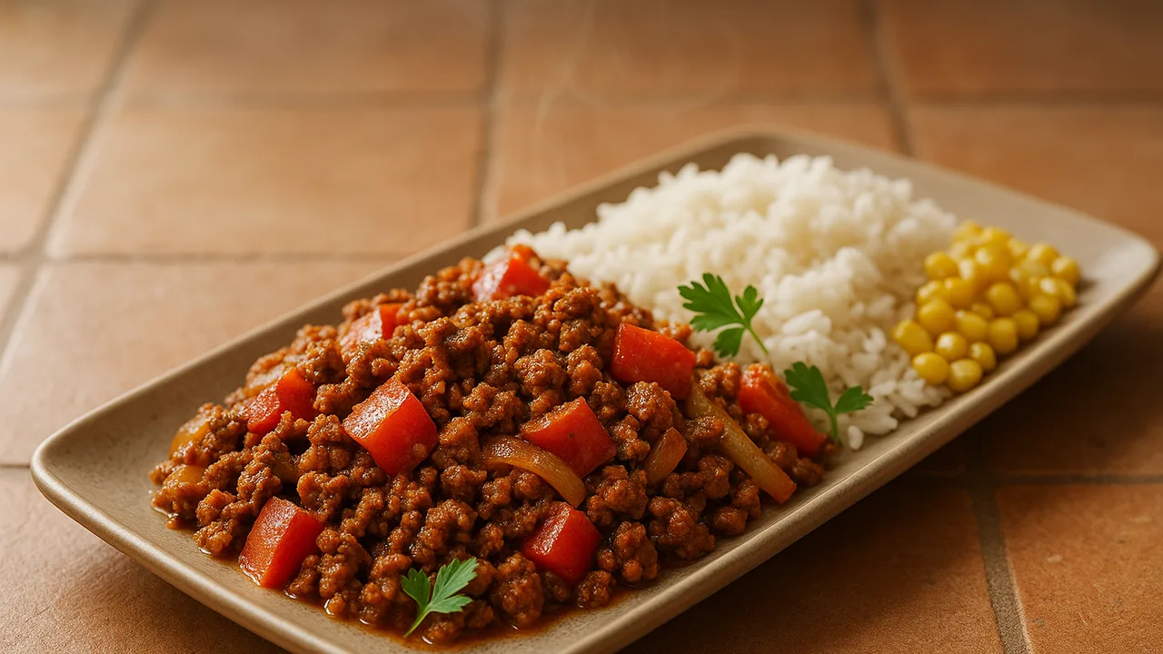 Paprika-Rinderhackfleisch Bowl mit Reis und Mais aus dem Airfryer mit Rinderhackfleisch und Paprika, auf Terracotta-Fliesen …
