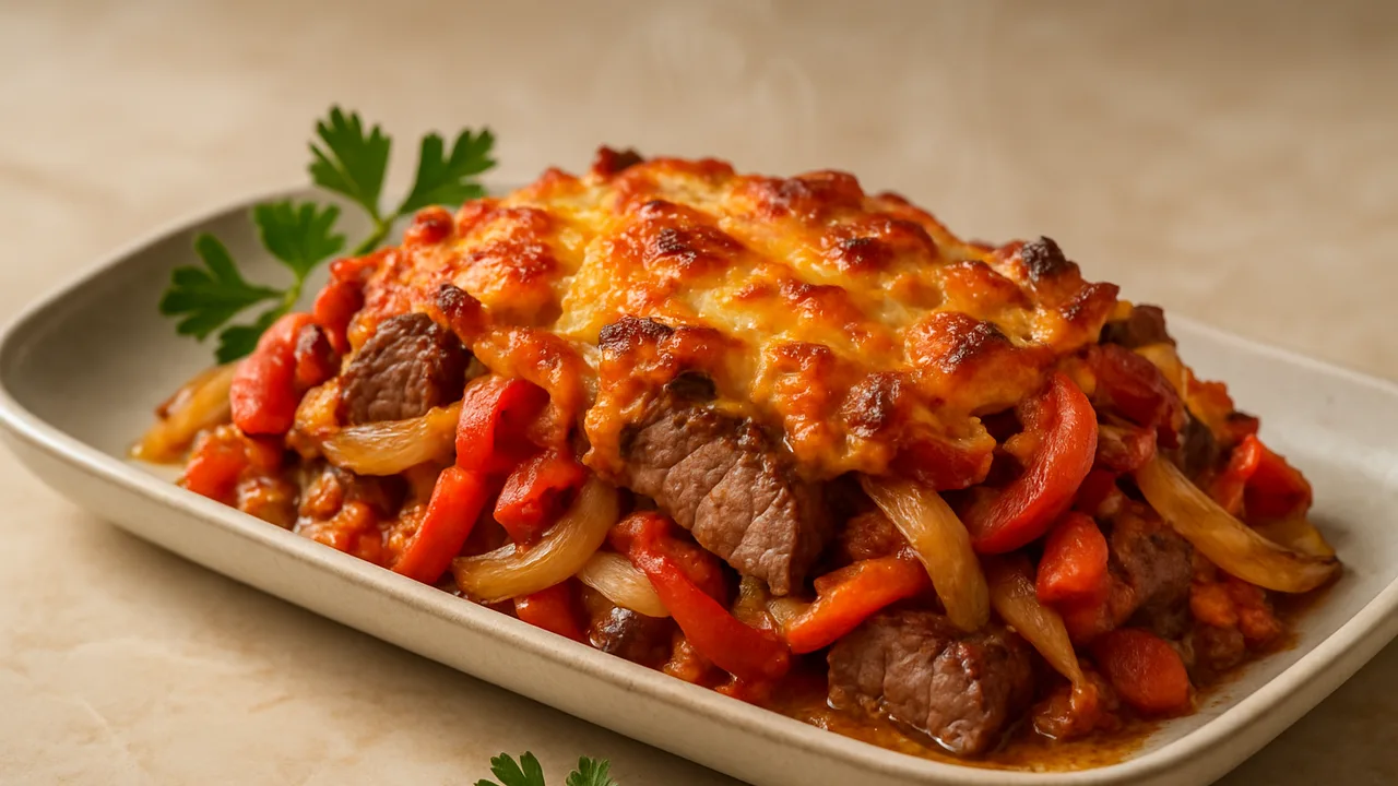 Paprika-Rumpsteak-Auflauf aus dem Airfryer mit Rumpsteak und Paprika, auf beigem Marmor angerichtet.