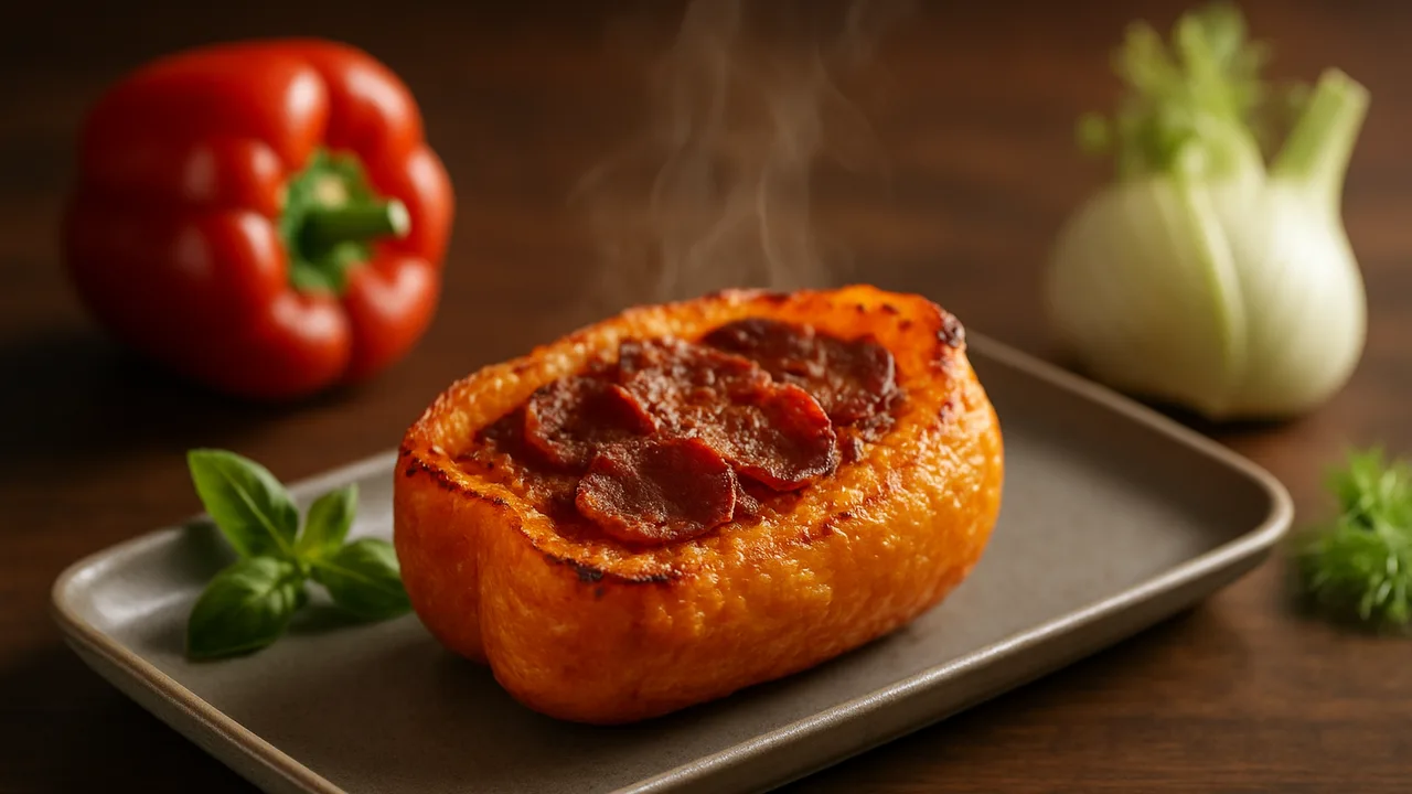 Paprika-Salami-Fenchel-Schale aus dem Airfryer mit Paprika und Salami, auf dunklem Walnussholz angerichtet.
