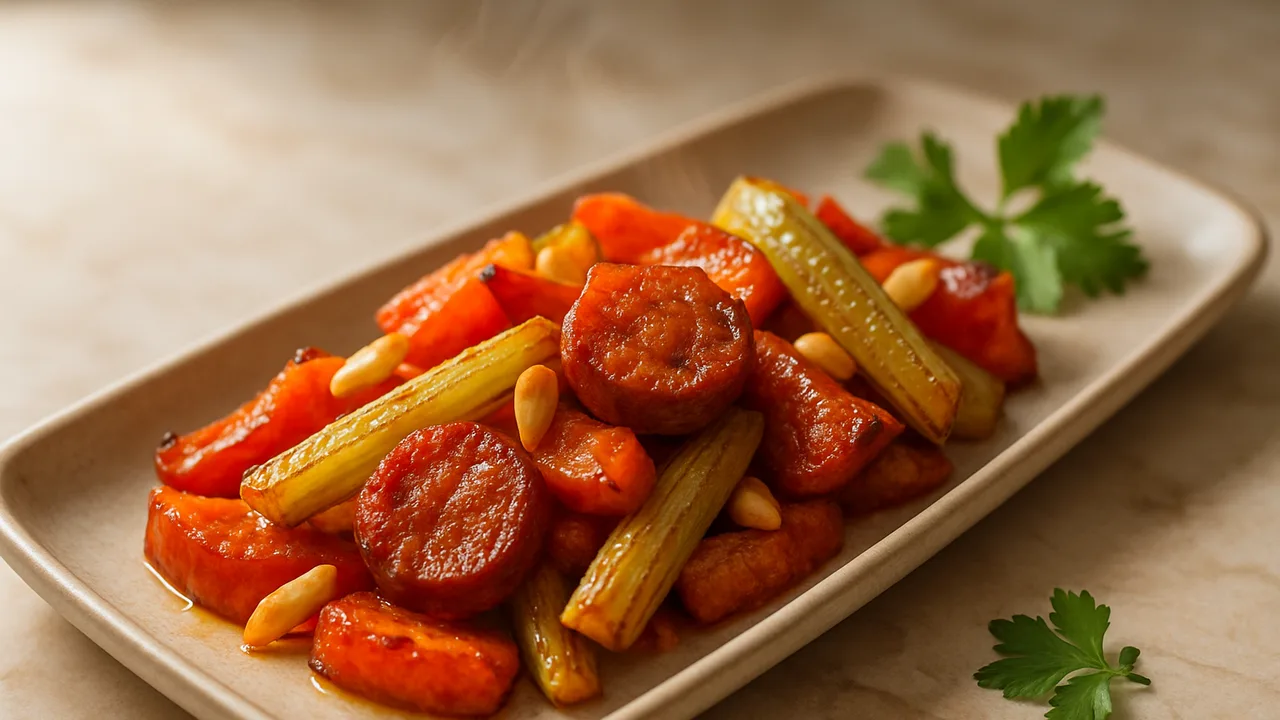 Paprika-Salami-Sellerie mit Pinienkernen aus dem Airfryer mit Paprika und Salami, auf beigem Marmor angerichtet.