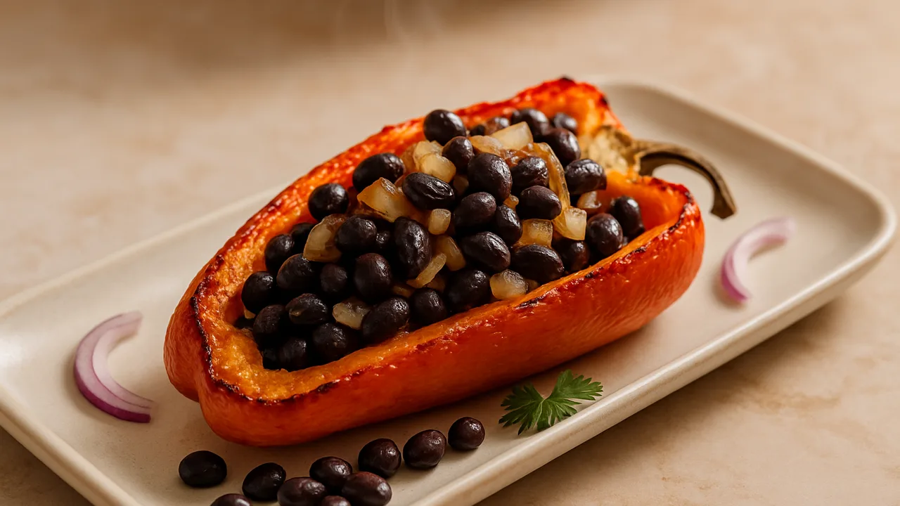 Paprika-Schwarze Bohnen-Knoblauch-Schale aus dem Airfryer mit Paprika und Schwarze Bohnen, auf beigem Marmor angerichtet.