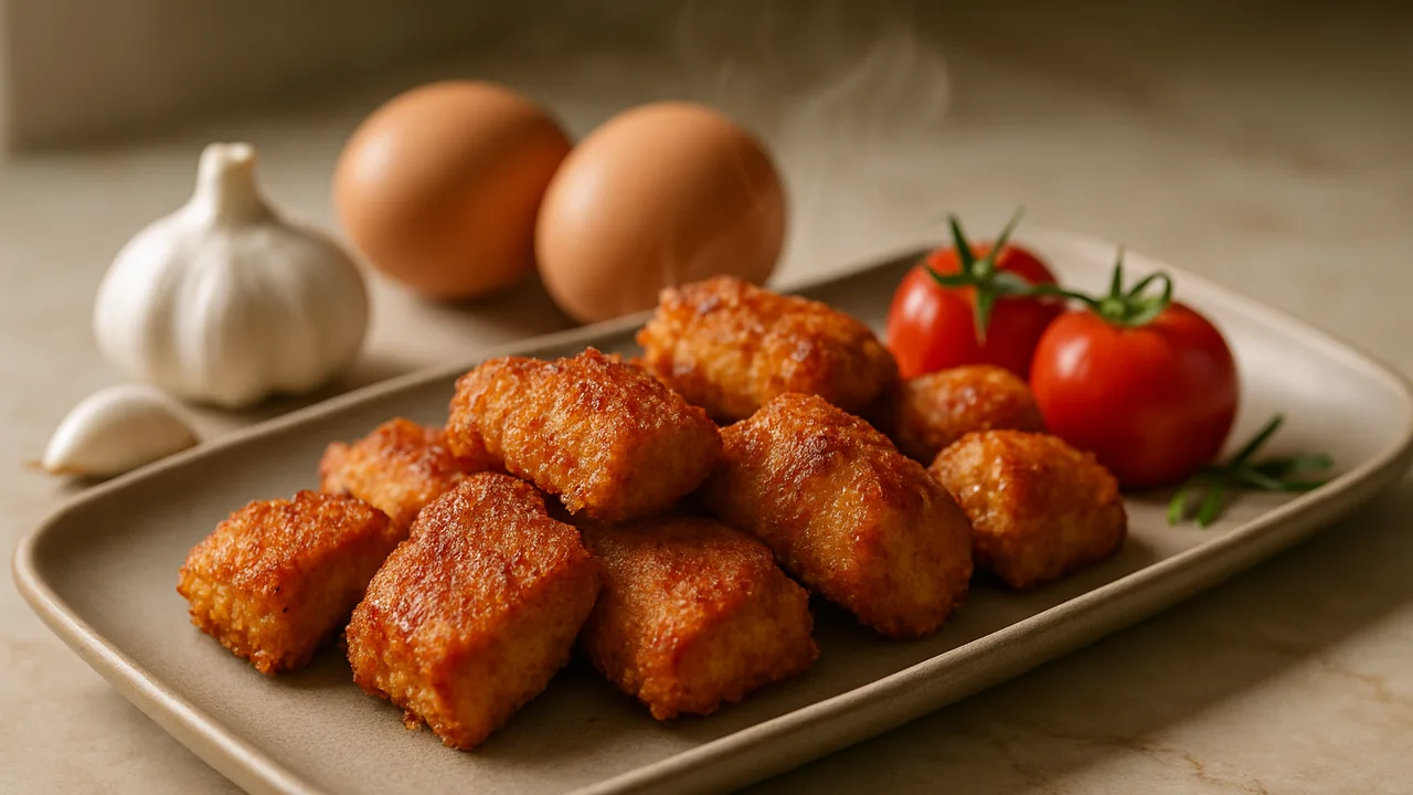 Paprika-Schweinefilet Nuggets mit Tomaten aus dem Airfryer mit Schweinefilet und Ei, auf beigem Marmor angerichtet.
