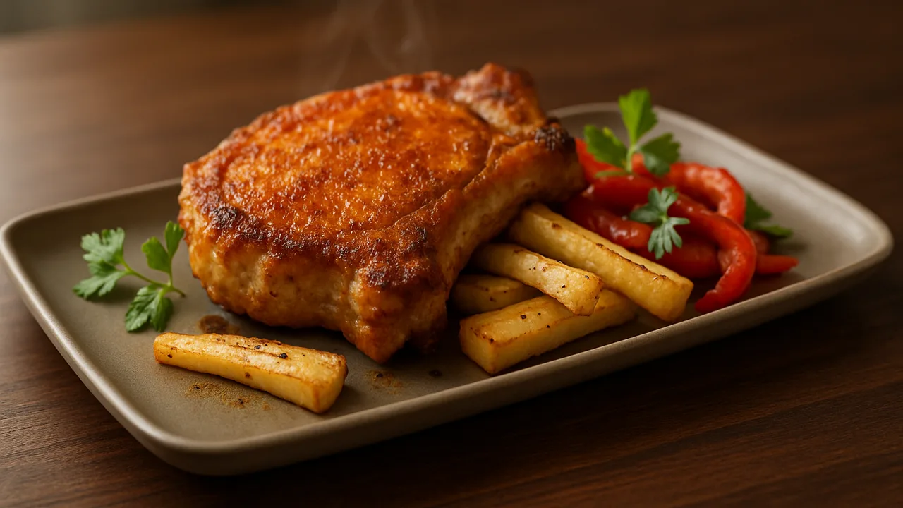 Paprika-Schweinekotelett mit Pastinake aus dem Airfryer mit Schweinekotelett und Paprika, auf dunklem Walnussholz …