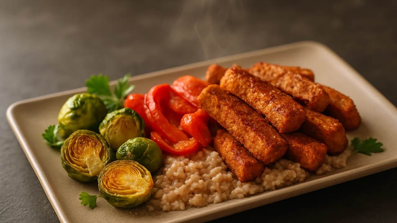 Paprika-Seitan Bowl mit Haferflocken und Rosenkohl aus dem Airfryer mit Seitan und Paprika, auf dunklem Schiefer angerichtet.