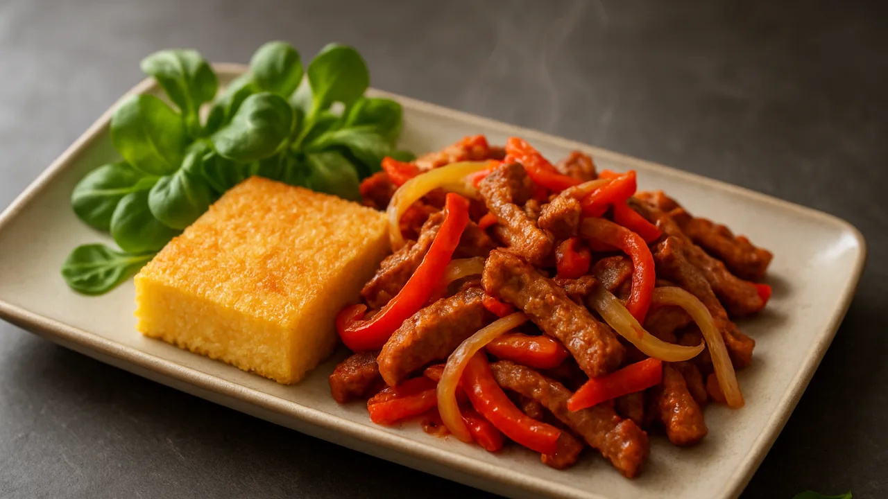 Paprika-Seitan Bowl mit Polenta und Feldsalat aus dem Airfryer mit Seitan und Paprika, auf dunklem Schiefer angerichtet.