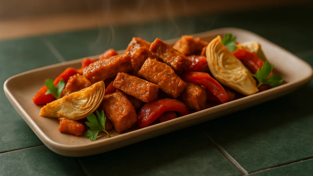 Paprika-Seitan mit Artischocke aus dem Airfryer mit Seitan und Paprika, auf dunkelgrünen Fliesen angerichtet.