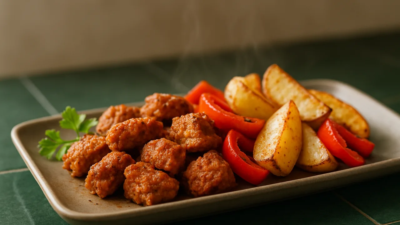 Paprika-Sojaschnetzel mit Kartoffeln aus dem Airfryer mit Sojaschnetzel und Kartoffeln, auf dunkelgrünen Fliesen angerichtet.