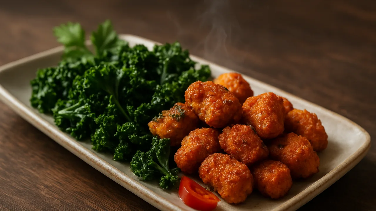 Paprika-Sojaschnetzel-Nuggets mit Grünkohl aus dem Airfryer mit Sojaschnetzel (trocken) und Gemüsebrühe, auf dunklem …