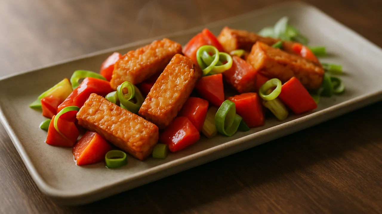 Paprika-Tempeh mit Lauch aus dem Airfryer mit Tempeh und Paprika, auf dunklem Walnussholz angerichtet.