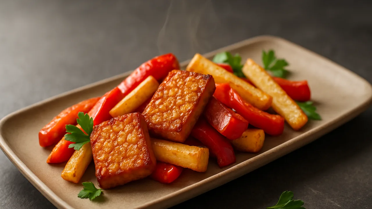 Paprika-Tempeh mit Pastinake aus dem Airfryer mit Tempeh und Paprika, auf dunklem Schiefer angerichtet.