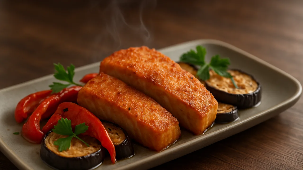 Paprika-Thunfisch mit Aubergine aus dem Airfryer mit Thunfisch und Paprika, auf dunklem Walnussholz angerichtet.