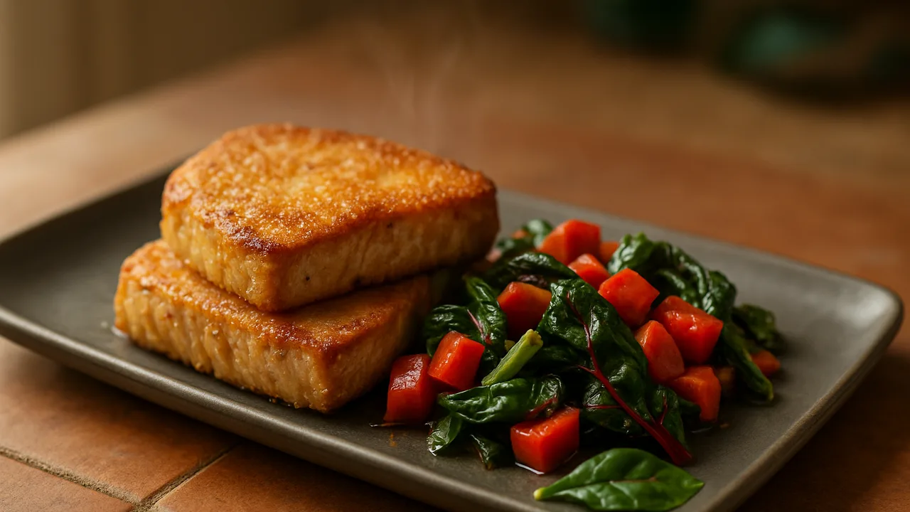 Paprika-Thunfisch mit Mangold aus dem Airfryer mit Thunfischsteaks und Paprika, auf Terracotta-Fliesen angerichtet.