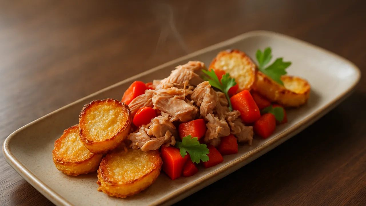 Paprika-Thunfisch-Topinambur-Schale aus dem Airfryer mit Thunfisch aus der Dose und rote Paprika, auf dunklem Walnussholz …