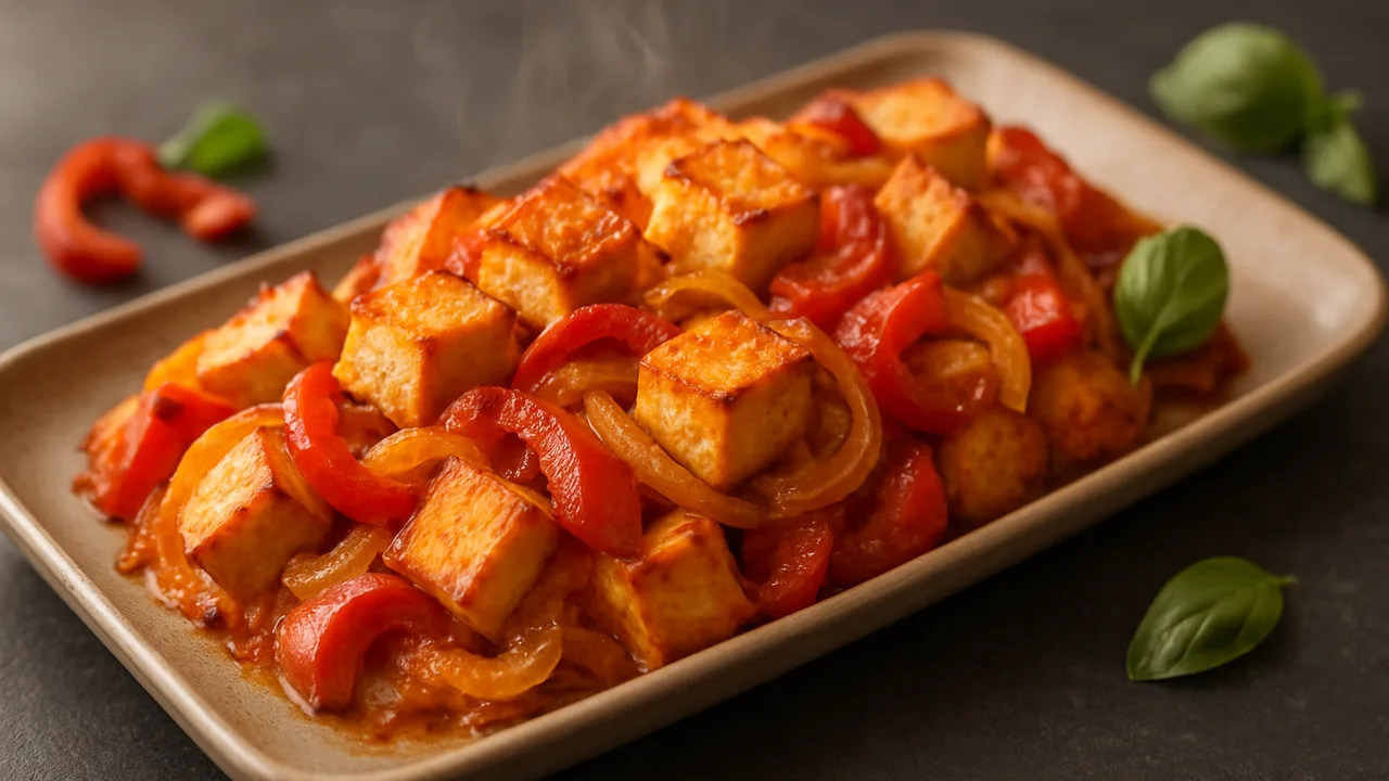 Paprika-Tofu Auflauf aus dem Airfryer mit Tofu und Paprika, auf dunklem Schiefer angerichtet.