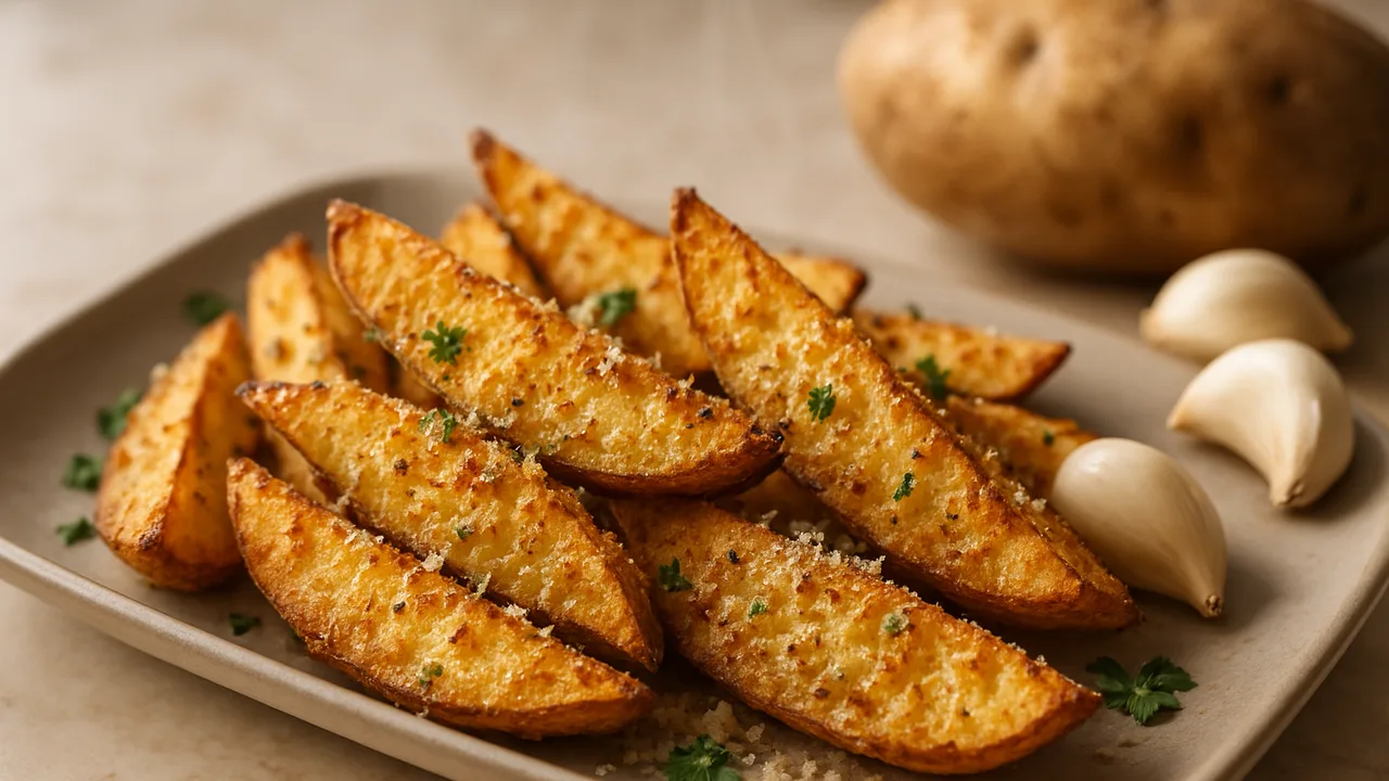 Parmesan-Wedges mit Knoblauch aus dem Airfryer mit Kartoffeln und Parmesan, auf beigem Marmor angerichtet.