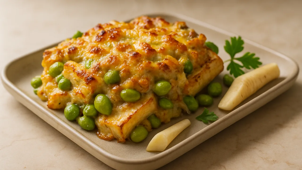 Pastinake-Edamame Auflauf aus dem Airfryer mit Pastinaken und Edamame, auf beigem Marmor angerichtet.