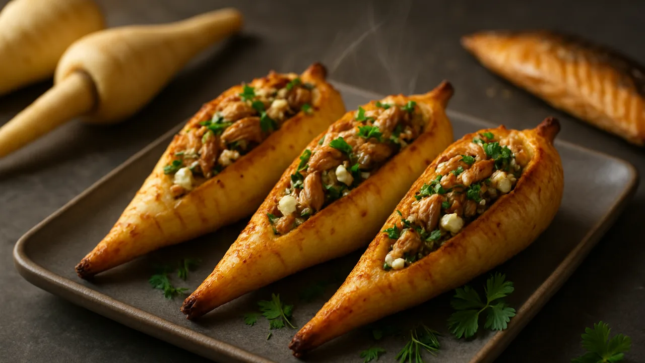 Pastinake gefüllt mit Makrele und Kräutern aus dem Airfryer mit Pastinaken und Räuchermakrelenfilet, auf dunklem Schiefer …