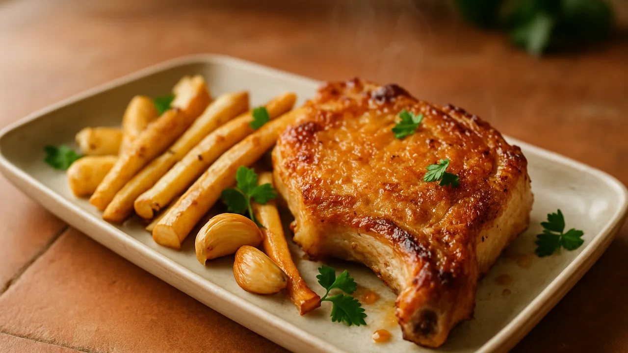 Pastinake-Schweinekotelett Auflauf aus dem Airfryer mit Schweinekotelett und Pastinake, auf Terracotta-Fliesen angerichtet.