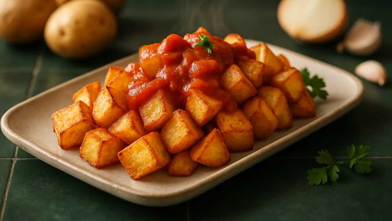 Patatas Bravas mit scharfer Tomatensauce aus dem Airfryer mit Kartoffeln und Zwiebel, auf dunkelgrünen Fliesen angerichtet.