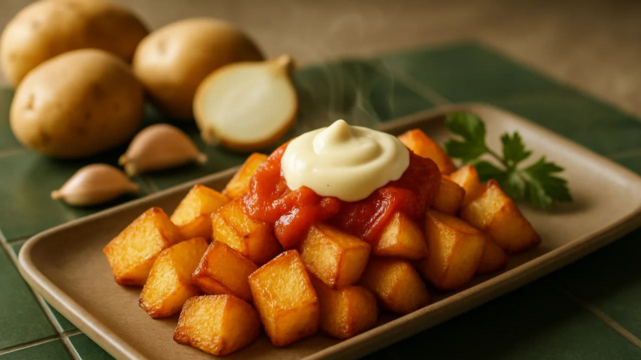 Patatas Bravas mit Aioli aus dem Airfryer mit Kartoffeln und Zwiebel, auf dunkelgrünen Fliesen angerichtet.