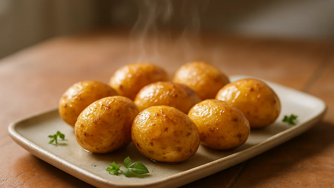 Pellkartoffeln im Airfryer mit Kleine Kartoffeln, festkochend, mit Schale, auf Terracotta-Fliesen angerichtet.