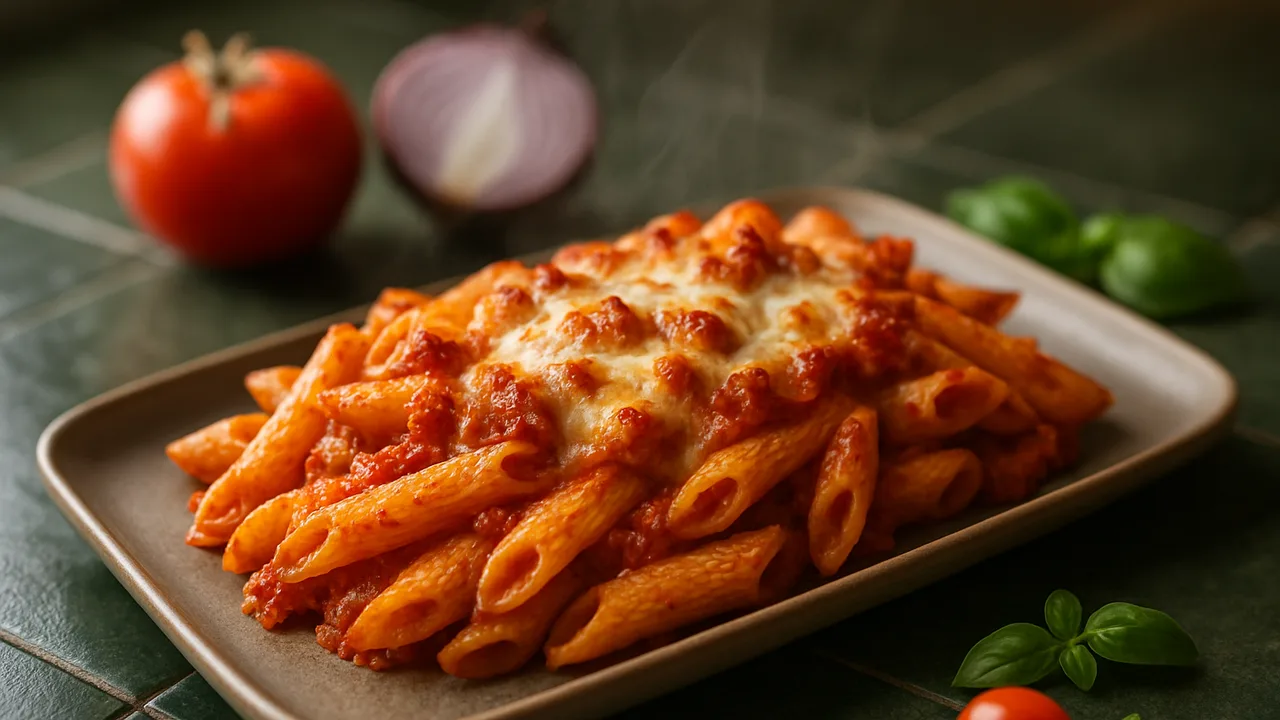 Penne mit Tomatensauce und Mozzarella überbacken aus dem Airfryer mit Penne und Tomaten, auf dunkelgrünen Fliesen …