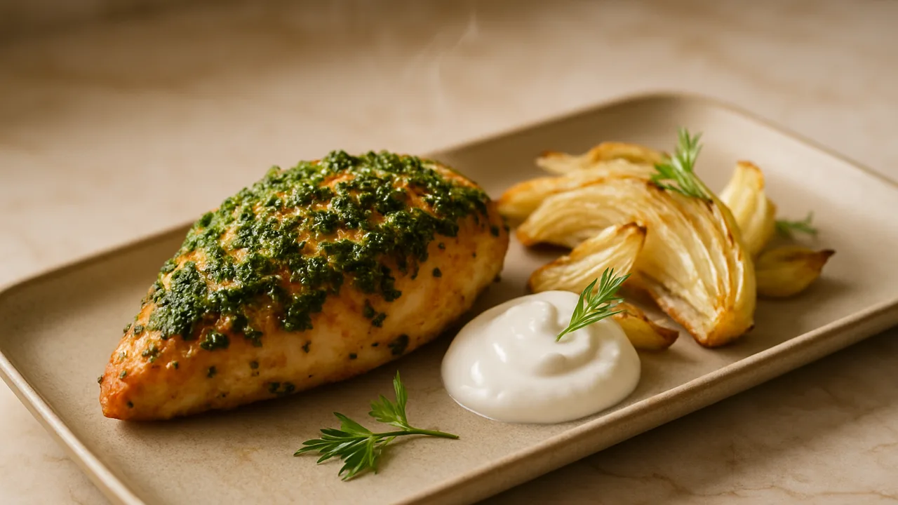 Petersilie-Hähnchenbrust mit Fenchel aus dem Airfryer mit Hähnchenbrust und Fenchel, auf beigem Marmor angerichtet.