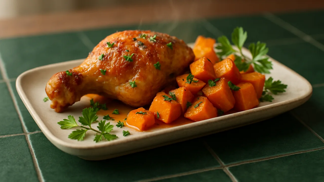 Petersilie-Hähnchenschenkel mit Kürbis aus dem Airfryer mit Hähnchenschenkel und Hokkaido-Kürbis, auf dunkelgrünen Fliesen …