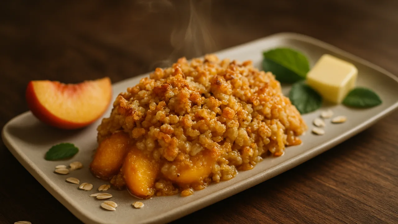 Pfirsich-Crumble aus dem Airfryer mit Pfirsiche und Butter, auf dunklem Walnussholz angerichtet.