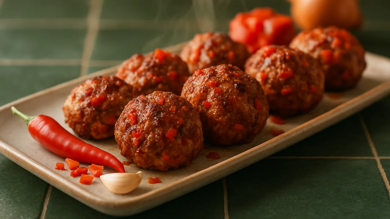 Pikante Frikadellen mit Chili und Paprika aus dem Airfryer mit Rinderhackfleisch und Zwiebel, auf dunkelgrünen Fliesen …