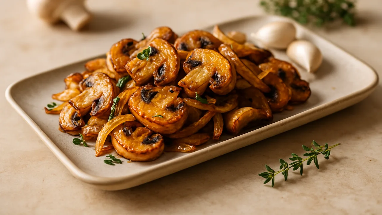 Pilzpfanne mit Zwiebeln und Thymian aus dem Airfryer mit Champignons und Zwiebel, auf beigem Marmor angerichtet.