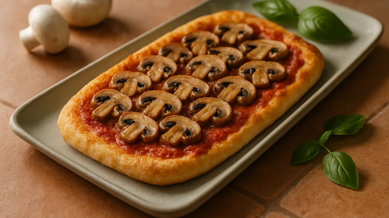 Pizza Funghi mit Champignons aus dem Airfryer mit Pizzateig, ausgerollt und Tomatenmark, auf Terracotta-Fliesen angerichtet.