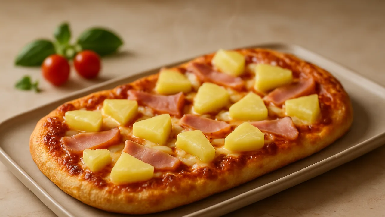 Pizza Hawaii mit Ananas und Schinken aus dem Airfryer mit Pizzateig und Tomatenmark, auf beigem Marmor angerichtet.