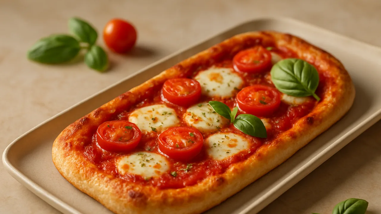 Pizza Margherita aus frischem Pizzateig aus dem Airfryer mit Pizzateig und Tomatenmark, auf beigem Marmor angerichtet.