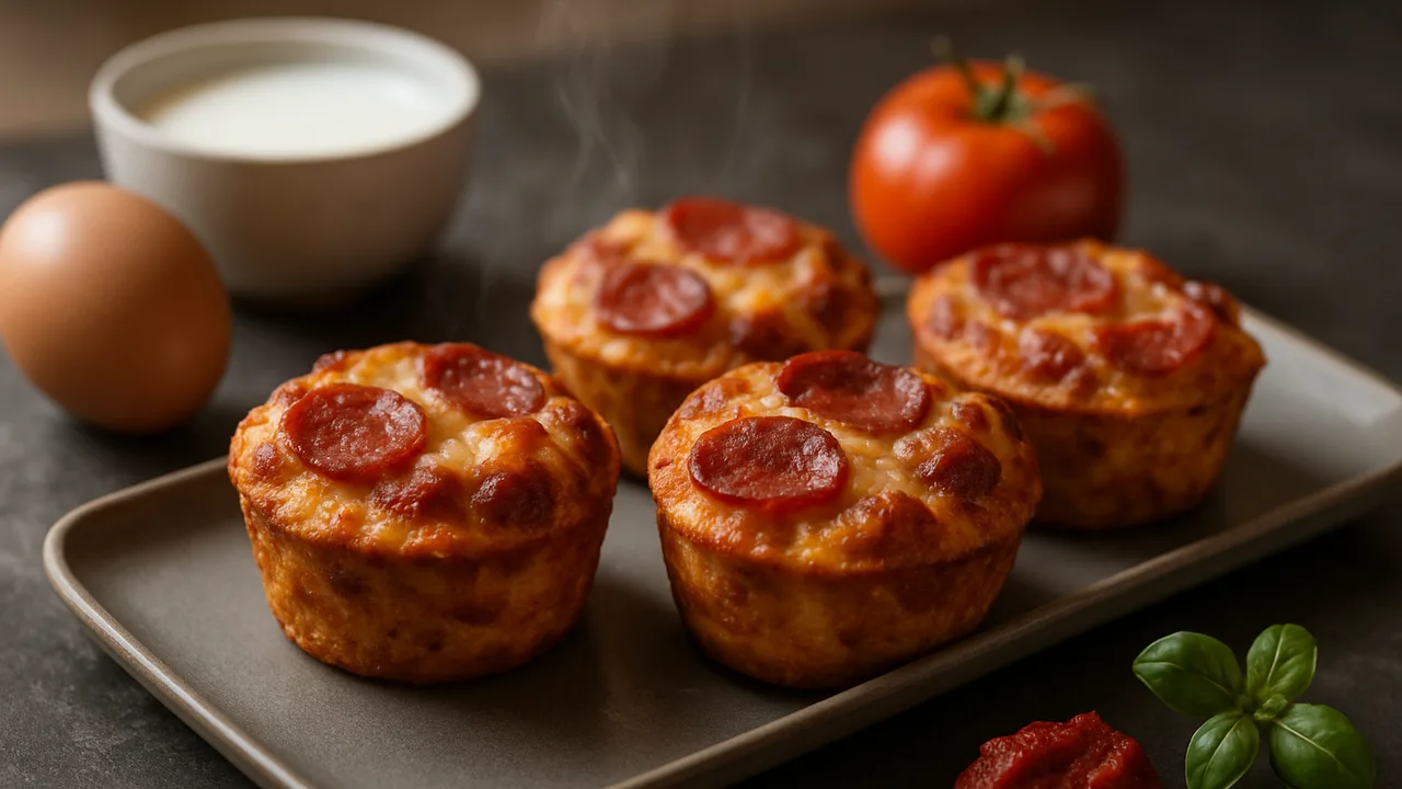 Pizza-Muffins mit Salami und Käse aus dem Airfryer mit Eier und Milch, auf dunklem Schiefer angerichtet.