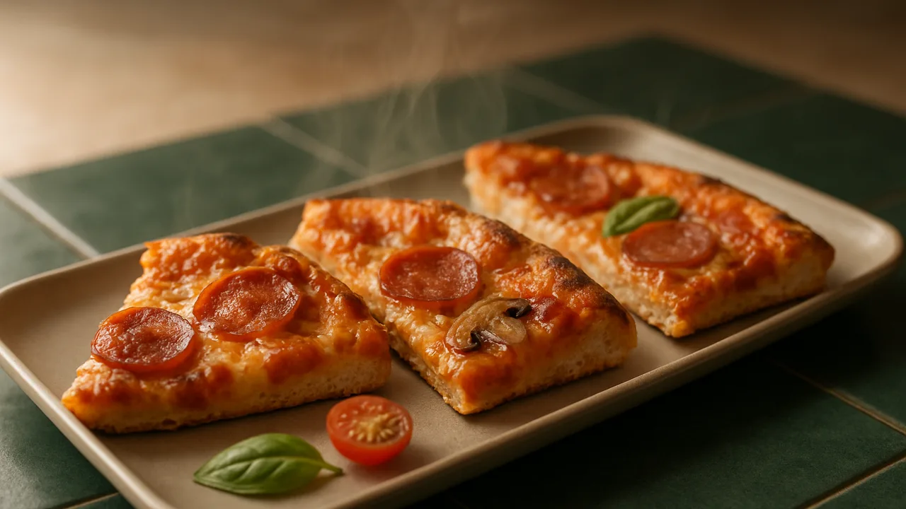 Pizza vom Vortag aufwärmen wie frisch aus dem Airfryer mit Pizzastücke vom Vortag, auf dunkelgrünen Fliesen angerichtet.