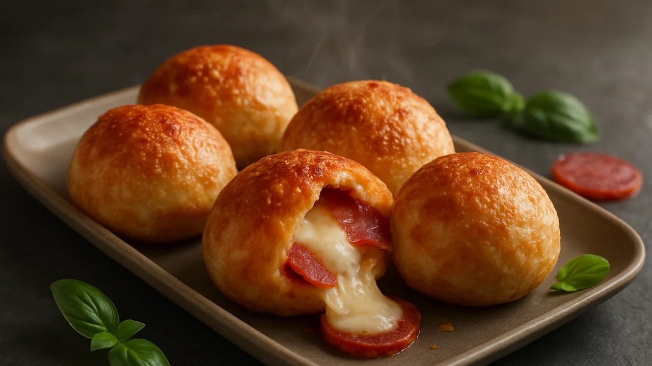 Pizzabällchen mit Mozzarella und Salami aus dem Airfryer mit Pizzateig und Mozzarella, auf dunklem Schiefer angerichtet.