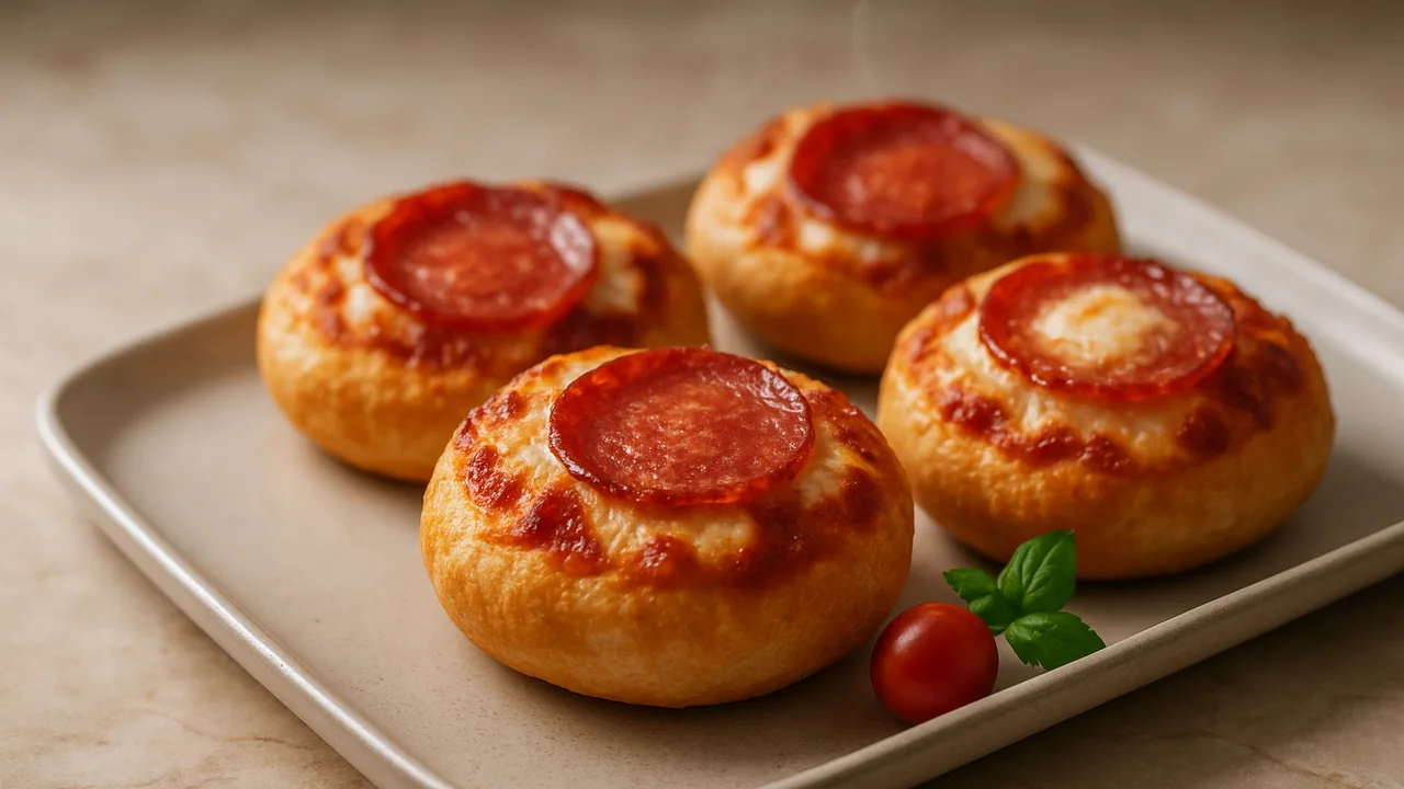 Pizzabrötchen mit Salami und Mozzarella aus dem Airfryer mit Brötchen und Tomatenmark, auf beigem Marmor angerichtet.
