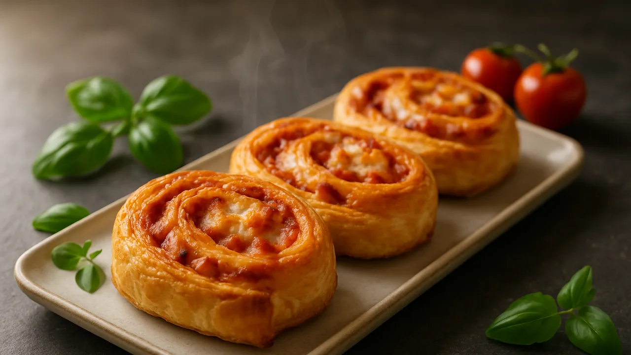 Pizzaschnecken aus Blätterteig mit Schinken aus dem Airfryer mit Blätterteig und Tomatenmark, auf dunklem Schiefer …