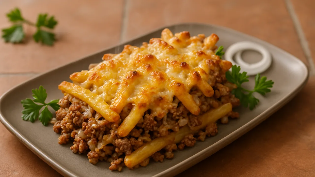 Pommes-Auflauf mit Hackfleisch und Käse aus dem Airfryer mit Tiefkühl-Pommes und Gemischtes Hackfleisch, auf …