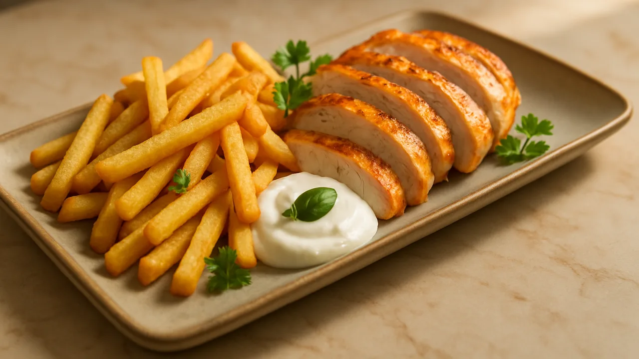 Pommes-Bowl mit Hähnchen und Joghurtsauce aus dem Airfryer mit Tiefkühl-Pommes und Hähnchenbrust, auf beigem Marmor …