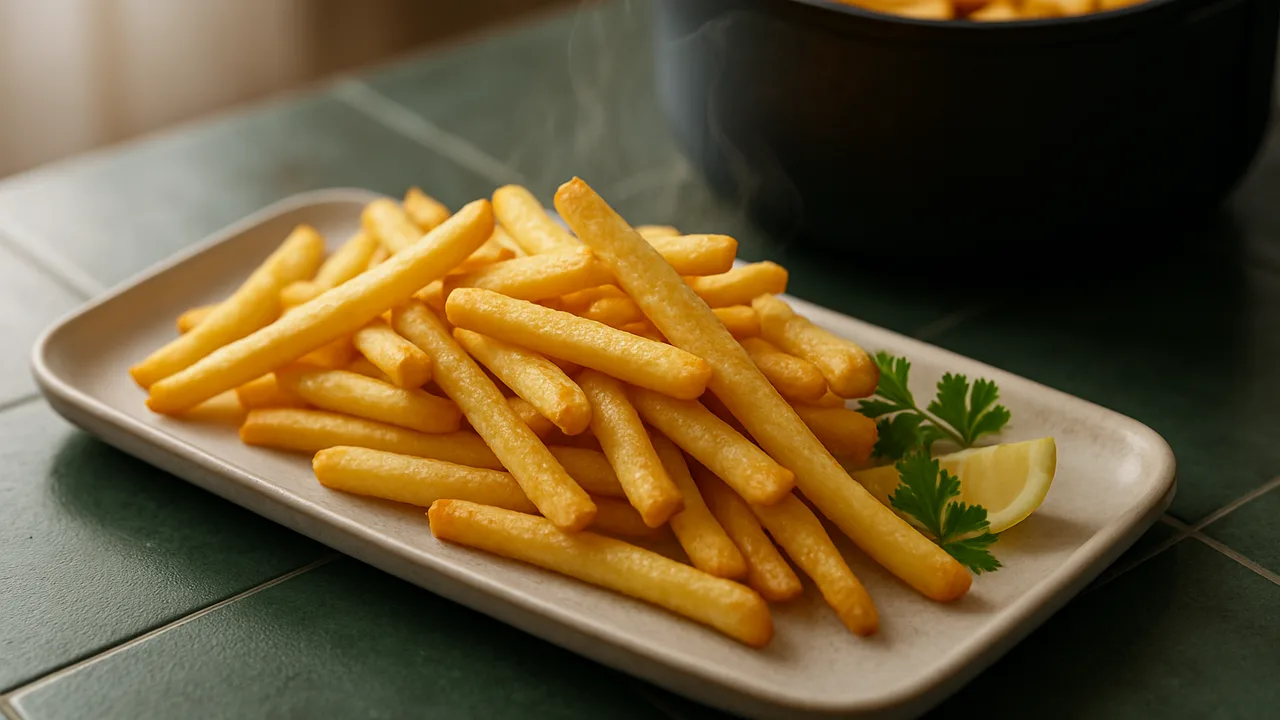 Pommes frites aus dem Airfryer – TK-Pommes mit Zeit und Temperatur mit TK-Pommes frites, auf dunkelgrünen Fliesen …