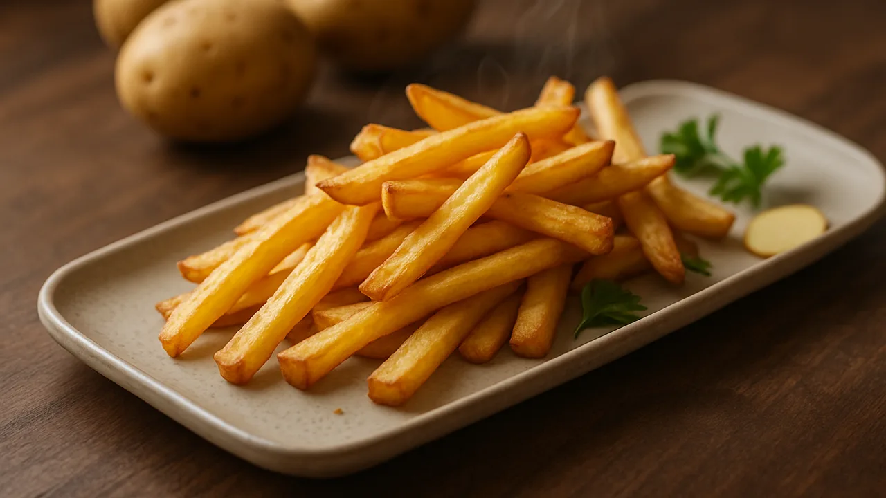 Pommes frites selber machen aus frischen Kartoffeln aus dem Airfryer mit Kartoffeln, auf dunklem Walnussholz angerichtet.