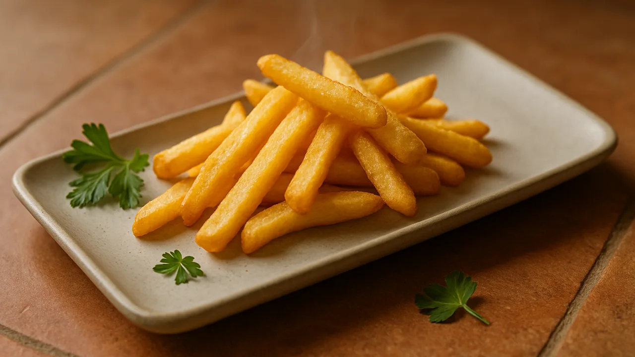 Pommes für eine Person – kleine Portion aus dem Airfryer mit Tiefkühl-Pommes, auf Terracotta-Fliesen angerichtet.