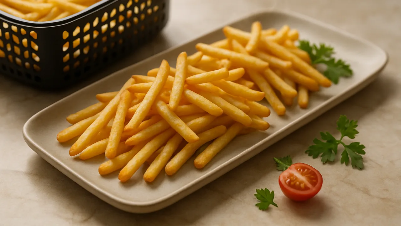 Pommes für Gäste – große Menge in zwei Durchgängen aus dem Airfryer mit Tiefkühl-Pommes, auf beigem Marmor angerichtet.