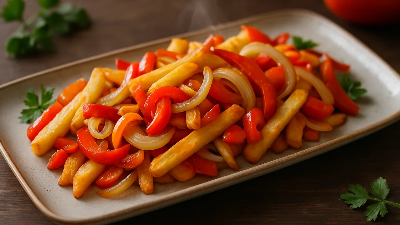 Pommes-Gemüse-Pfanne mit Paprika und Zwiebeln aus dem Airfryer mit Pommes frites (tiefgekühlt) und Paprika, auf dunklem …