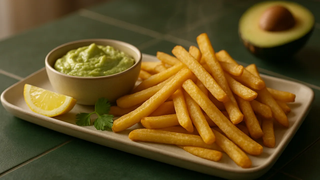Pommes mit Avocado-Dip aus dem Airfryer mit Tiefkühl-Pommes und Avocado, auf dunkelgrünen Fliesen angerichtet.
