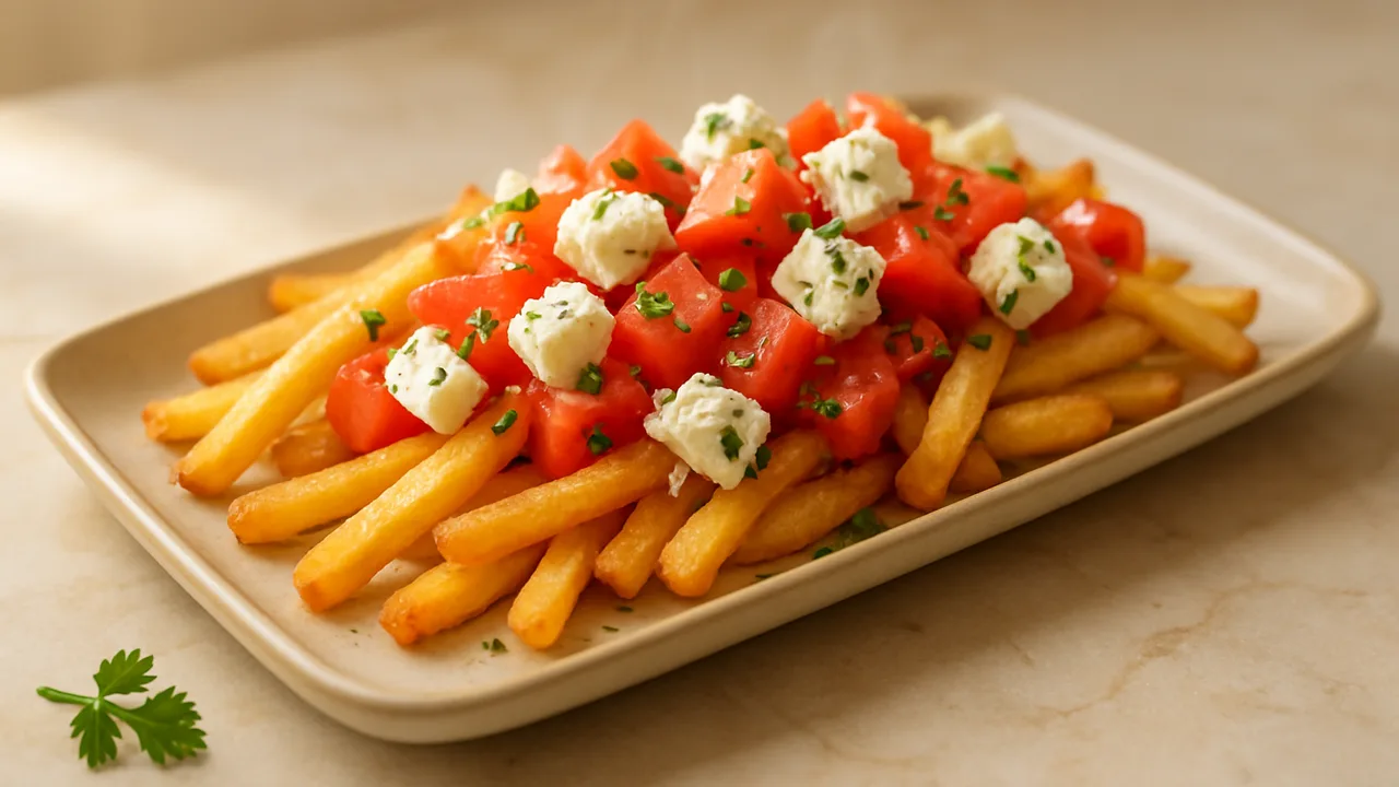 Pommes mit Feta und Tomaten nach griechischer Art aus dem Airfryer mit Tiefkühl-Pommes und Tomaten, auf beigem Marmor …